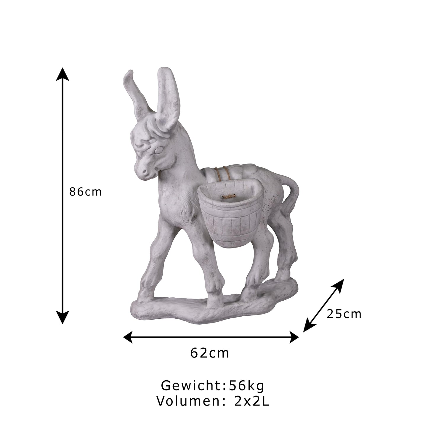 Esel Pflanzgefäß mit Körben – Steinguss 86 cm, frostsicher, 2 Körbe je 2 L, Garten Deko für Außen