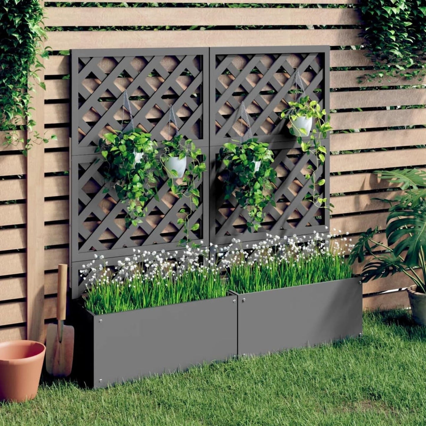 2er Set Hochbeet mit Spalier – vertikaler Pflanzkasten Grau 65×33×135 cm für Kletterpflanzen, Blumen & Gemüse