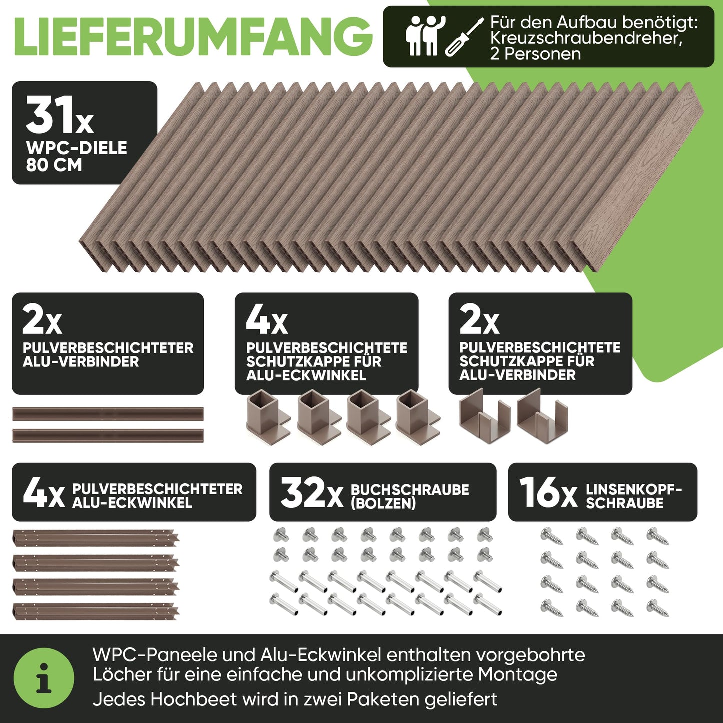 Truly Timber Hochbeet WPC 166×85×71 cm – langlebig, Woody-Look, Komplettset mit vorgebohrten Löchern