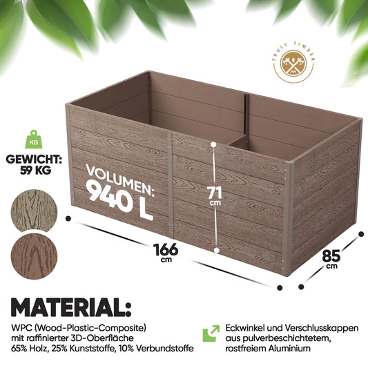 Truly Timber Hochbeet WPC 166×85×71 cm – langlebig, Woody-Look, Komplettset mit vorgebohrten Löchern
