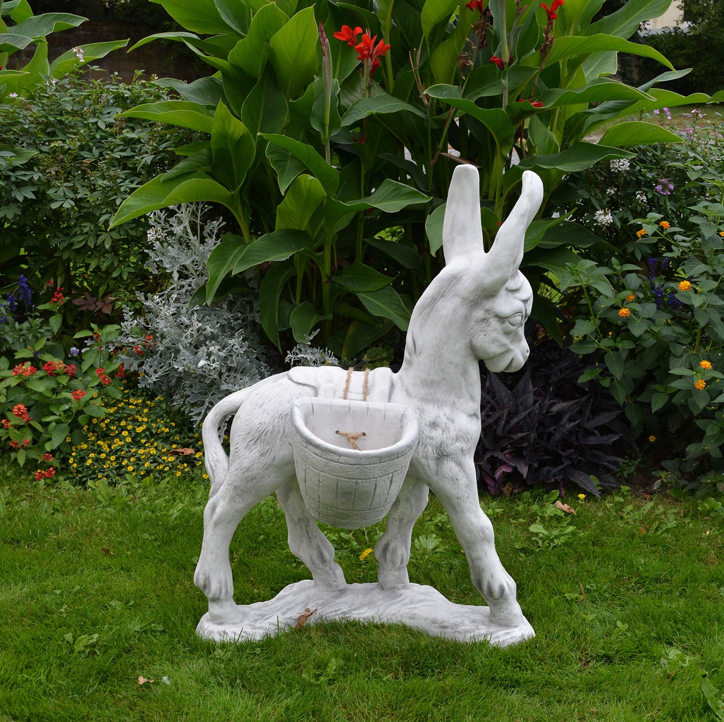 Esel Pflanzgefäß mit Körben – Steinguss 86 cm, frostsicher, 2 Körbe je 2 L, Garten Deko für Außen