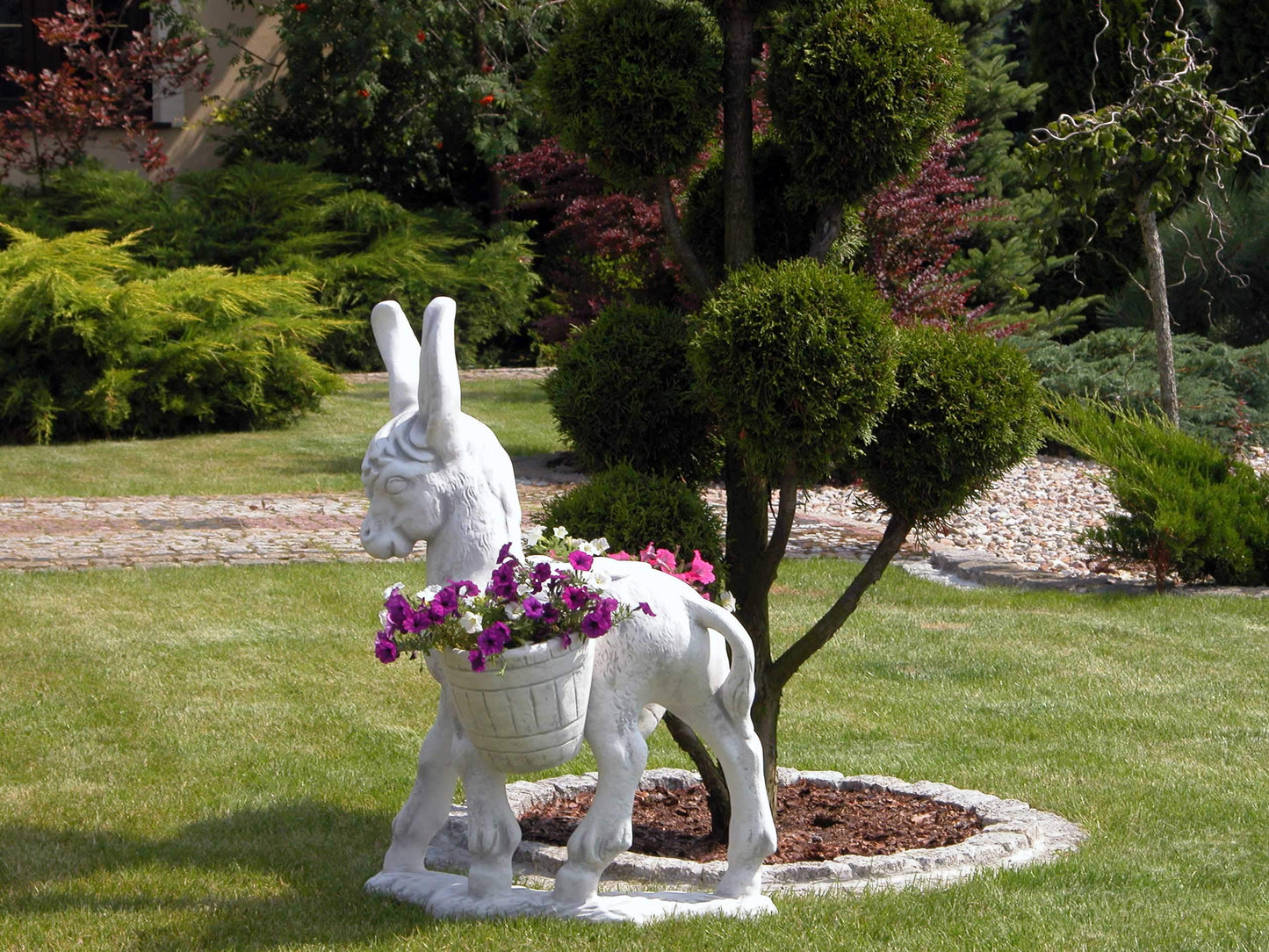 Esel Pflanzgefäß mit Körben – Steinguss 86 cm, frostsicher, 2 Körbe je 2 L, Garten Deko für Außen