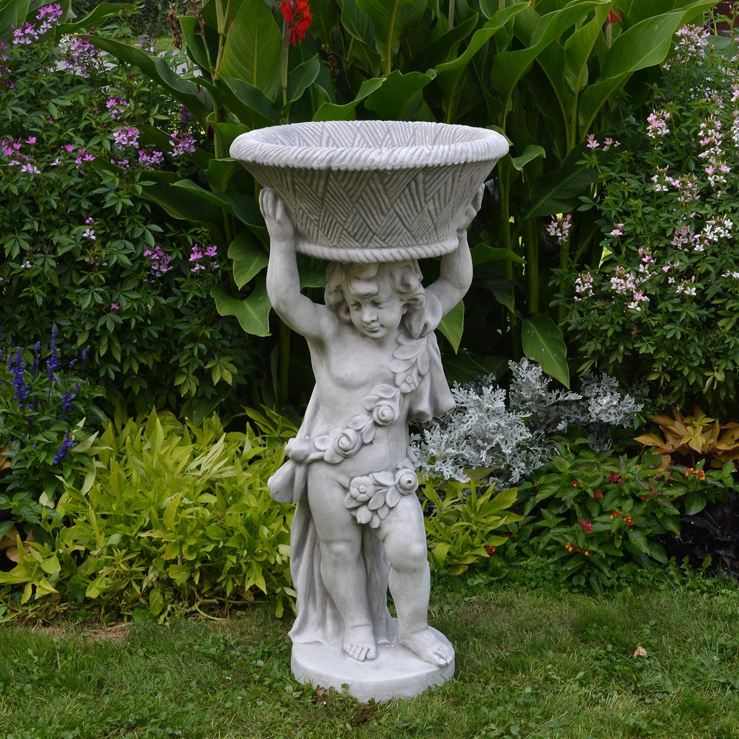 Gartenfigur Junge mit Pflanzschale – Steinguss, 107 cm, frostsicher & wetterfest, 13 L für Outdoor Deko