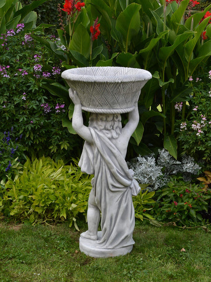 Gartenfigur Junge mit Pflanzschale – Steinguss, 107 cm, frostsicher & wetterfest, 13 L für Outdoor Deko