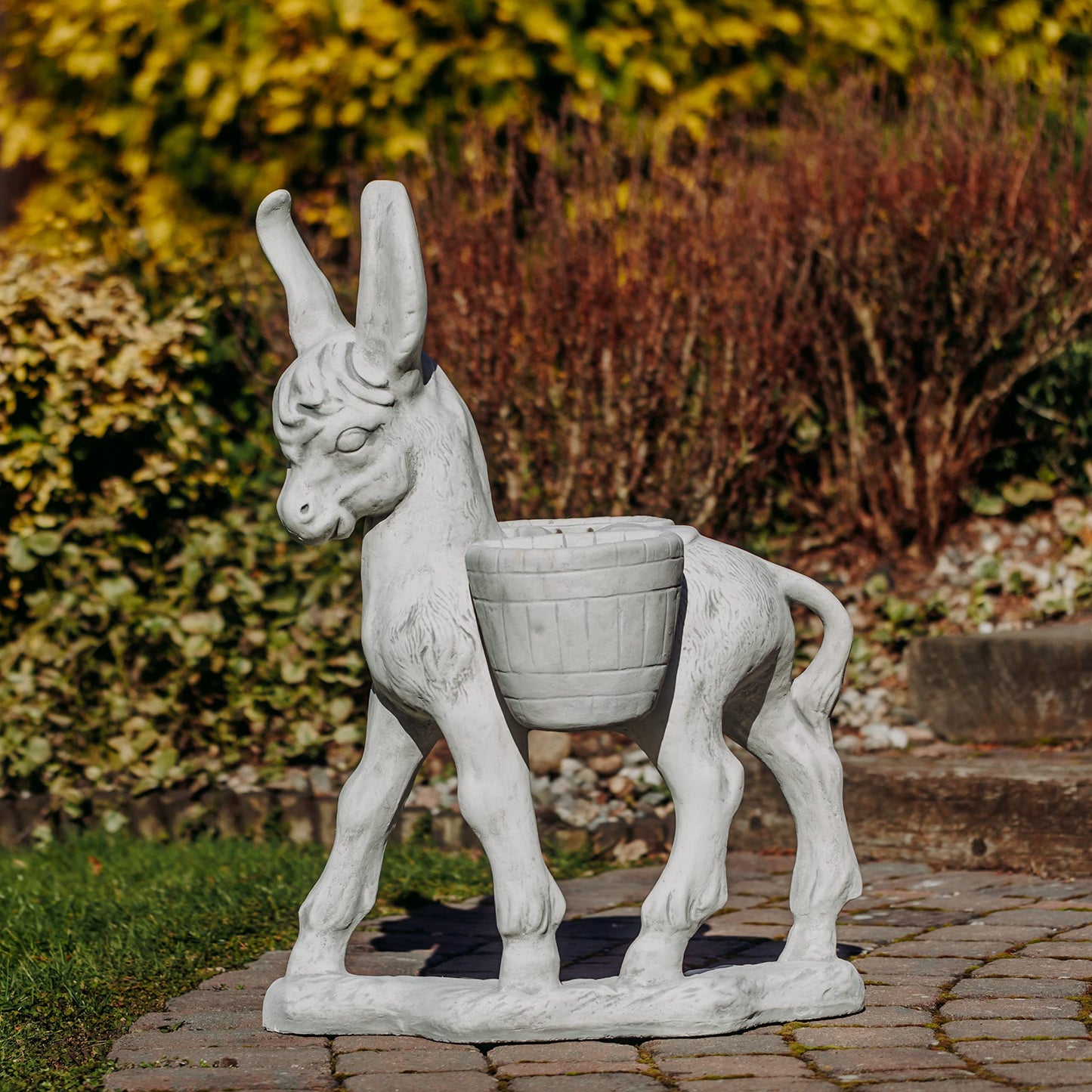 Esel Pflanzgefäß mit Körben – Steinguss 86 cm, frostsicher, 2 Körbe je 2 L, Garten Deko für Außen